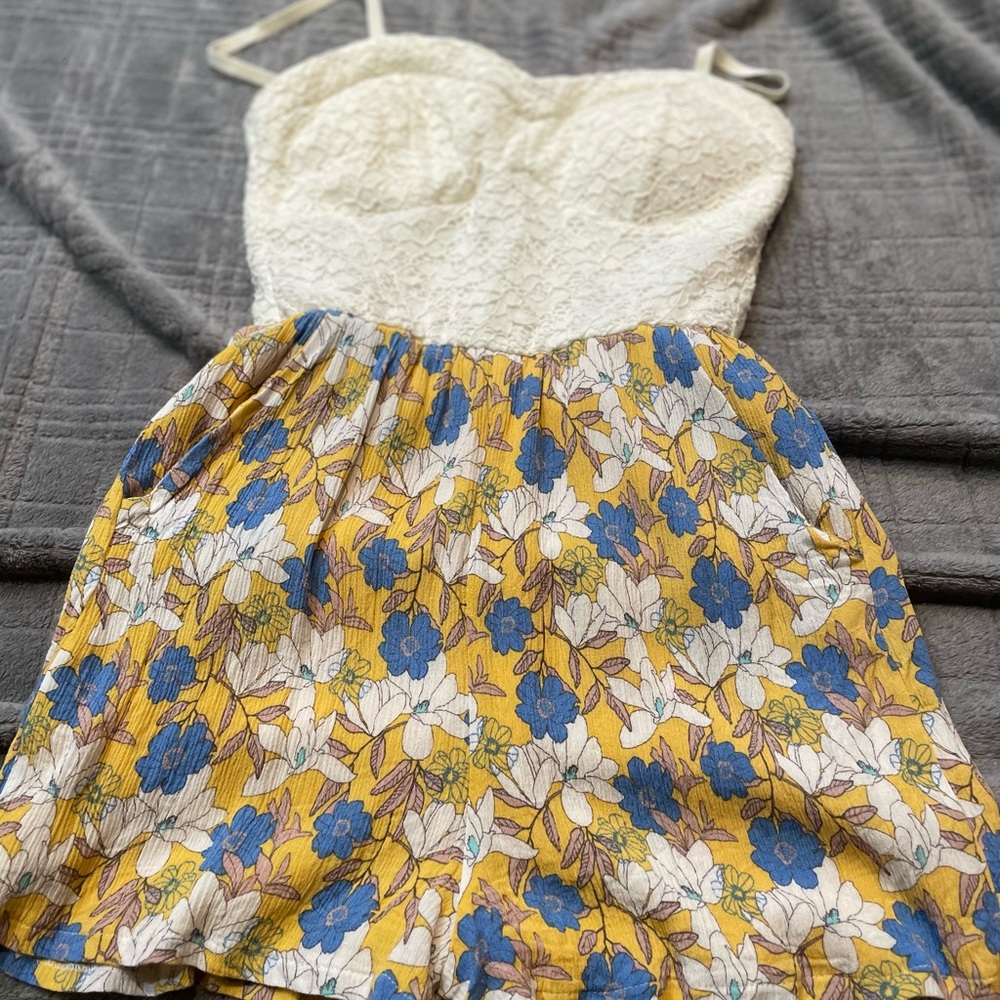 Floral Yellow and Blue Romper with Lace Top